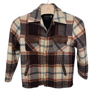 VTG 60s 70s JC Penney‎ Brown Plaid Wool Cruiser Jacket Men's Medium Fleece